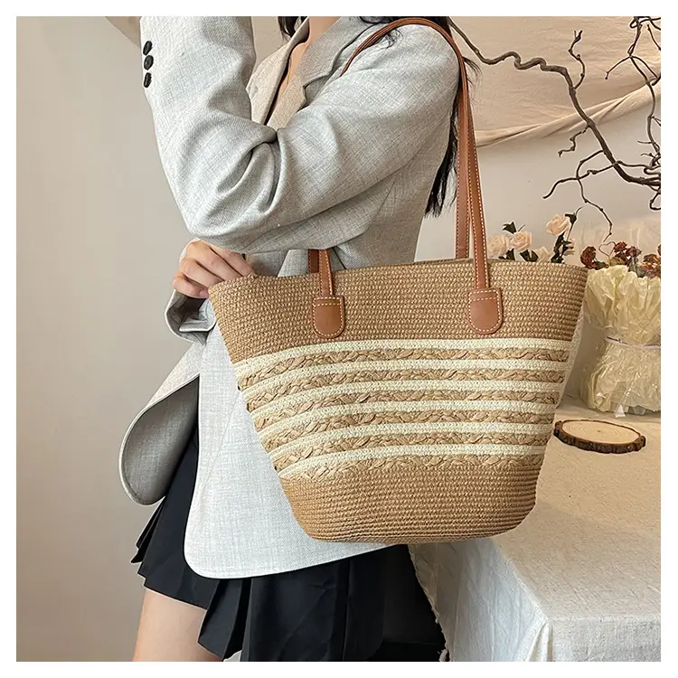2026 Beach Bag Large Capacity Wide Strap Woven Tan — feature 9