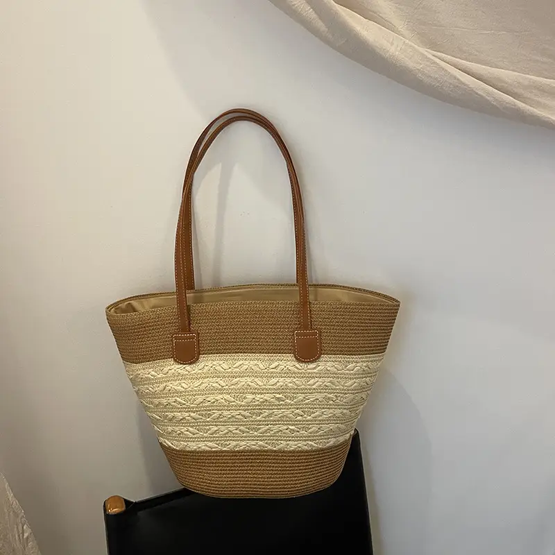 2026 Beach Bag Large Capacity Wide Strap Woven Tan - Image 2