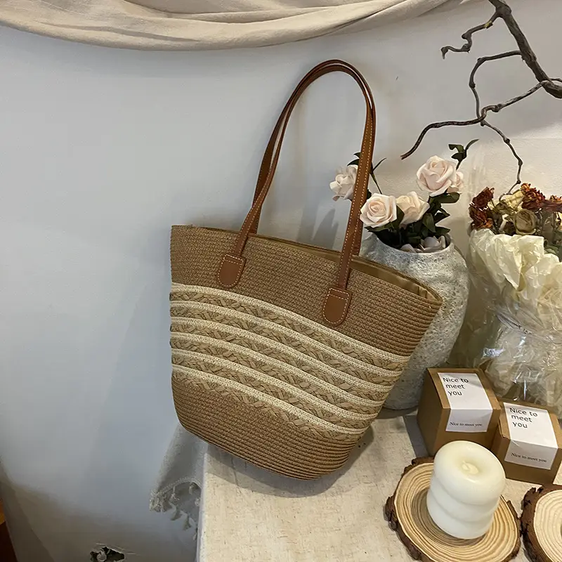 2026 Beach Bag Large Capacity Wide Strap Woven Tan - Image 3