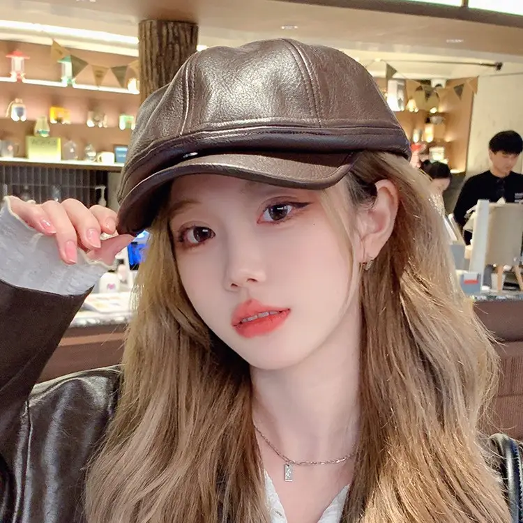 Women Pu Leather Newsboy Cap Autumn Winter Retro Brim