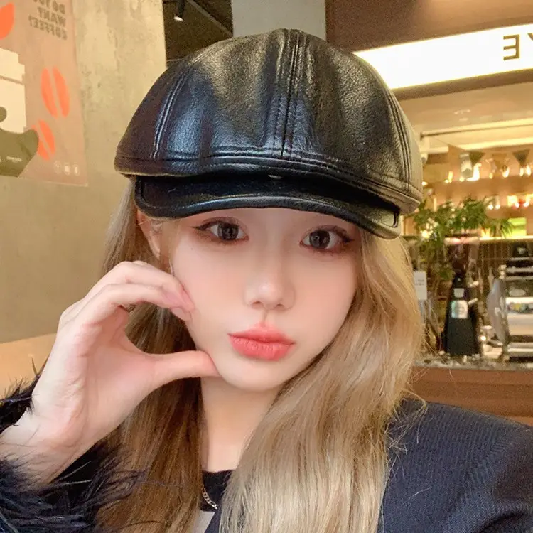 Women Pu Leather Newsboy Cap Autumn Winter Retro Brim