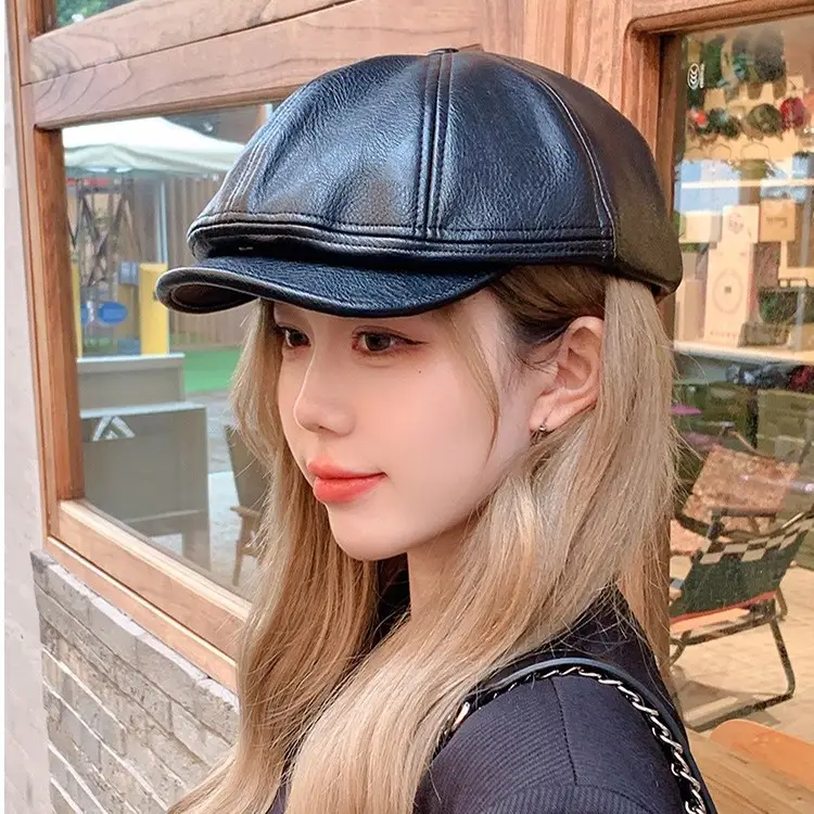 Women Pu Leather Newsboy Cap Autumn Winter Retro Brim