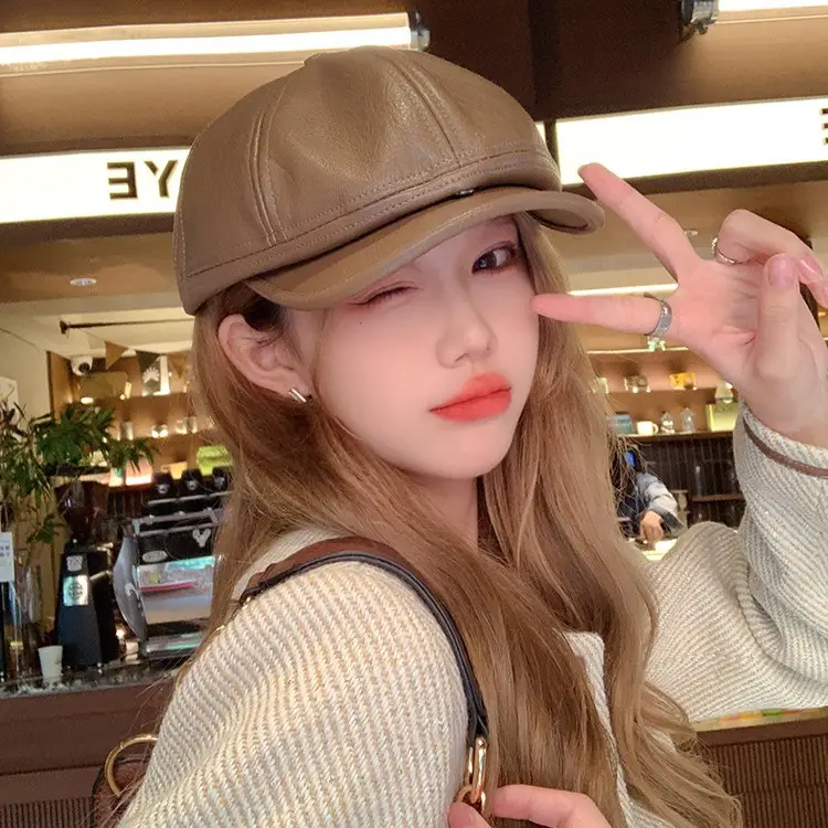 Women Pu Leather Newsboy Cap Autumn Winter Retro Brim