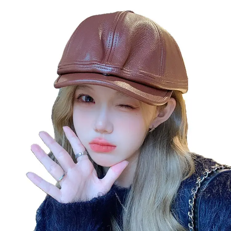 Women Pu Leather Newsboy Cap Autumn Winter Retro Brim