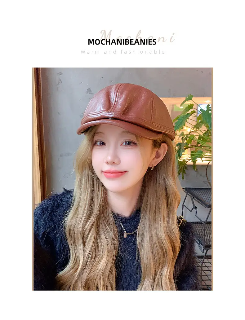 Women Pu Leather Newsboy Cap Autumn Winter Retro Brim — feature 1