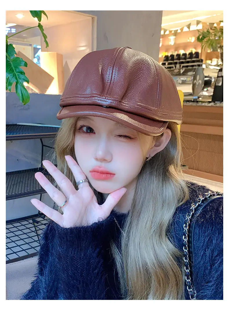 Women Pu Leather Newsboy Cap Autumn Winter Retro Brim — feature 2