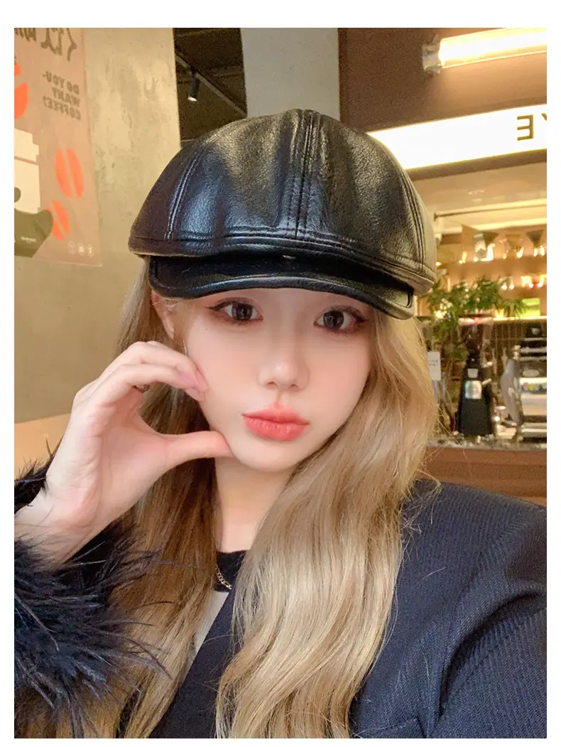 Women Pu Leather Newsboy Cap Autumn Winter Retro Brim — feature 3