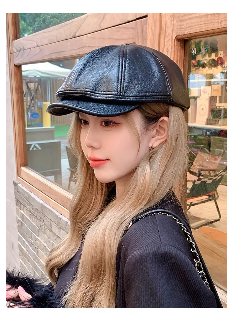 Women Pu Leather Newsboy Cap Autumn Winter Retro Brim — feature 4