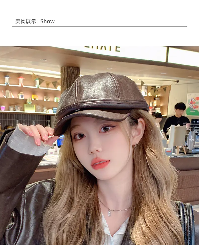 Women Pu Leather Newsboy Cap Autumn Winter Retro Brim — feature 5