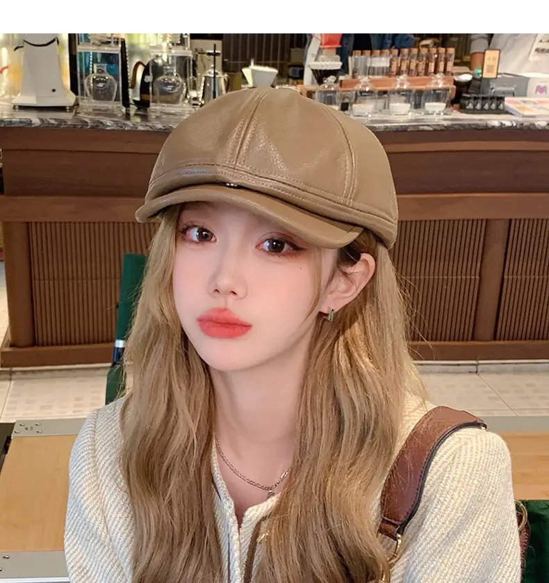 Women Pu Leather Newsboy Cap Autumn Winter Retro Brim — feature 6