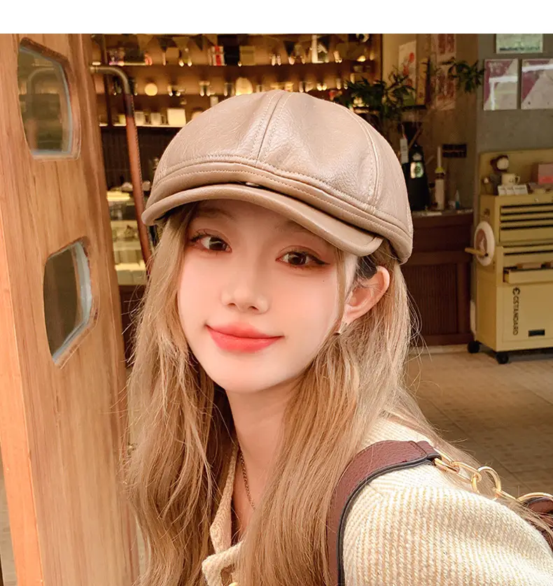Women Pu Leather Newsboy Cap Autumn Winter Retro Brim — feature 7