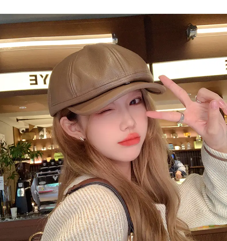 Women Pu Leather Newsboy Cap Autumn Winter Retro Brim — feature 8