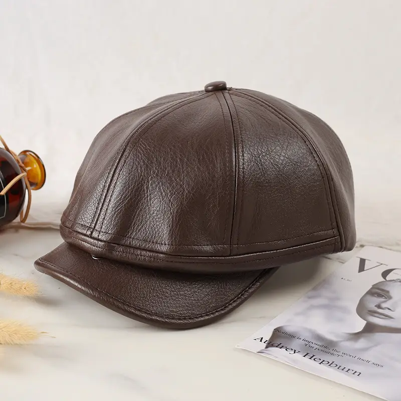 Women Pu Leather Newsboy Cap Autumn Winter Retro Brim