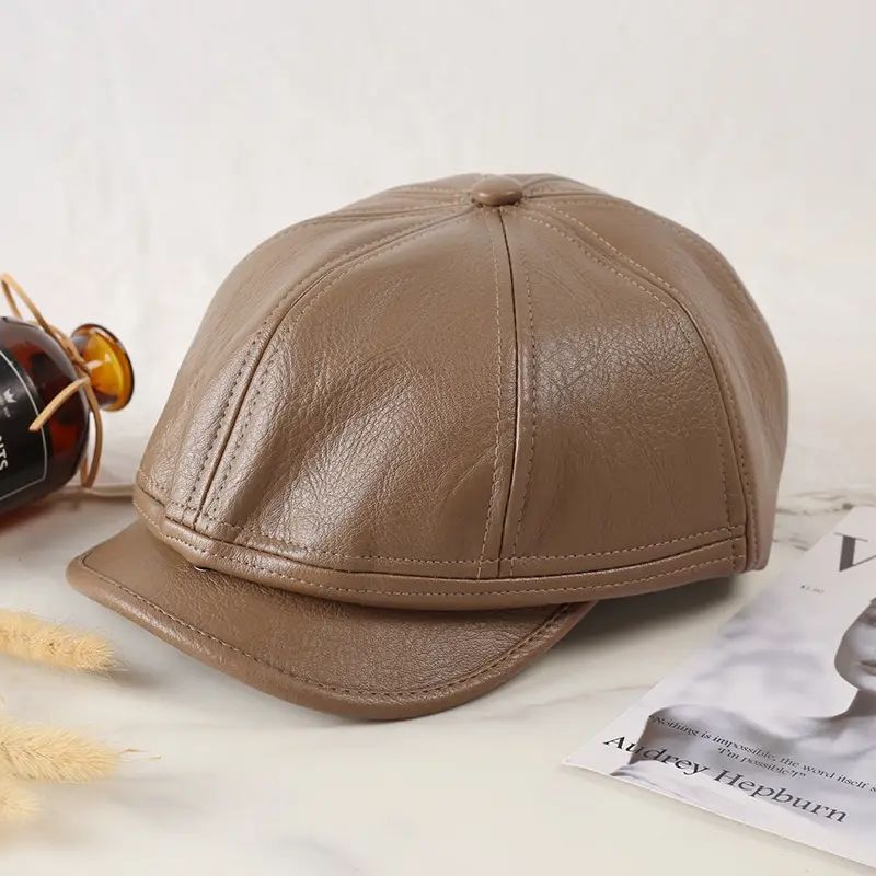 Women Pu Leather Newsboy Cap Autumn Winter Retro Brim