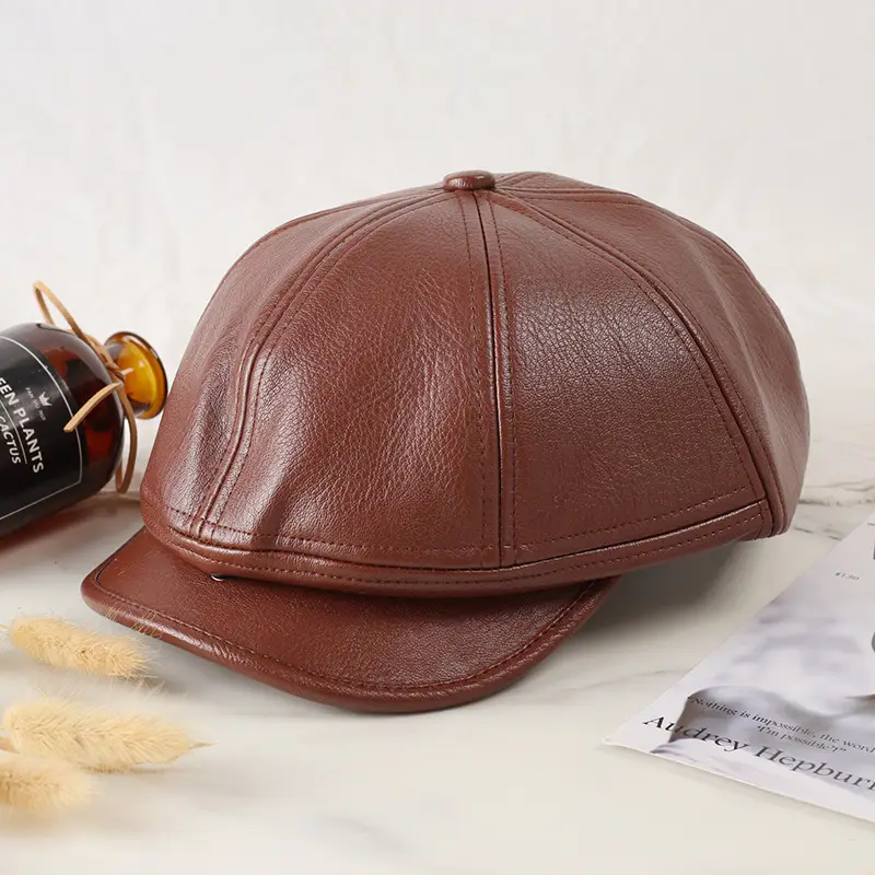 Women Pu Leather Newsboy Cap Autumn Winter Retro Brim