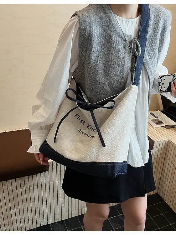 Women Crossbody Bag Korean Style Large Capacity Navy White - Image 3