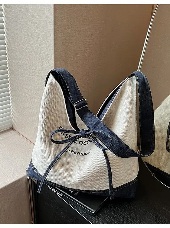 Women Crossbody Bag Korean Style Large Capacity Navy White - Image 5