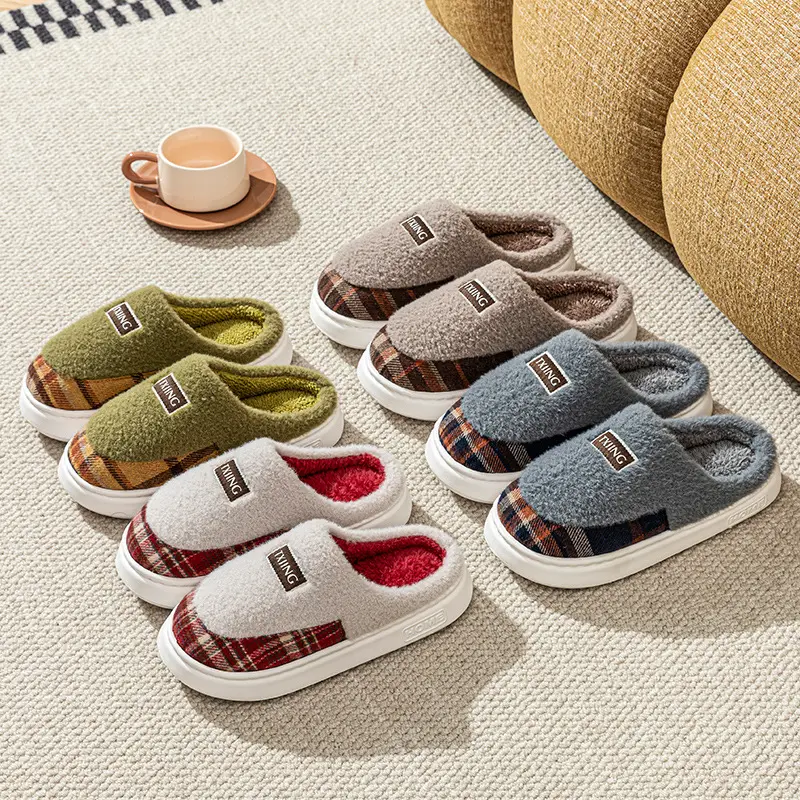 Warm Color-Blocked Maternity Slippers for Women, Autumn and Winter Indoor Living Room and Bedroom Warm Thick-Soled Fleece-Lined Couple Cotton Slippers for Men - Image 7