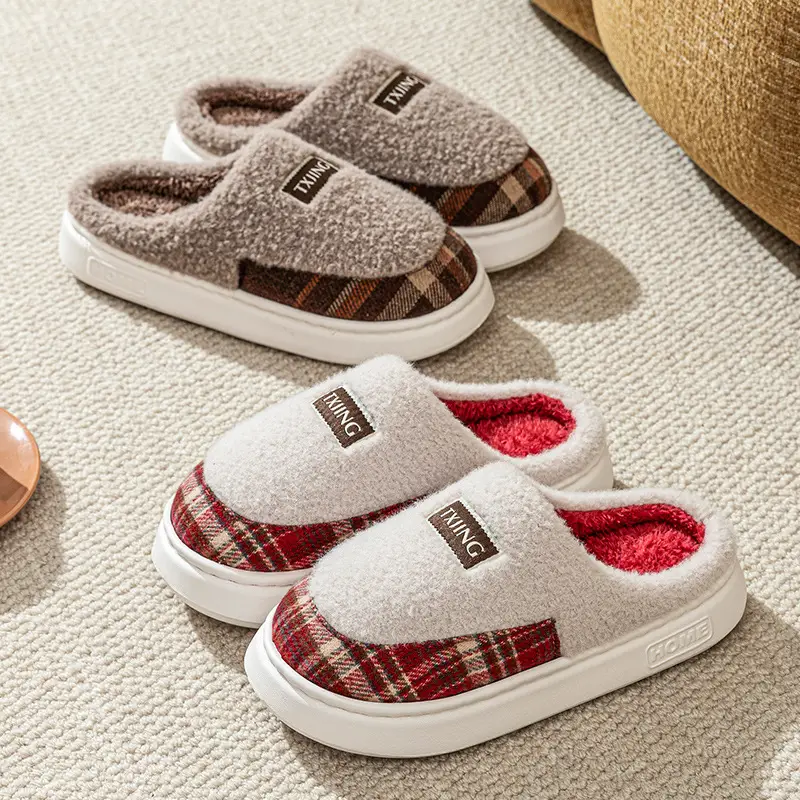 Warm Color-Blocked Maternity Slippers for Women, Autumn and Winter Indoor Living Room and Bedroom Warm Thick-Soled Fleece-Lined Couple Cotton Slippers for Men - Image 8