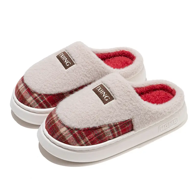 Warm Color-Blocked Maternity Slippers for Women, Autumn and Winter Indoor Living Room and Bedroom Warm Thick-Soled Fleece-Lined Couple Cotton Slippers for Men