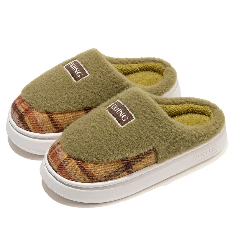 Warm Color-Blocked Maternity Slippers for Women, Autumn and Winter Indoor Living Room and Bedroom Warm Thick-Soled Fleece-Lined Couple Cotton Slippers for Men - Image 2