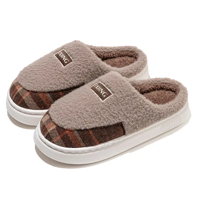 Warm Color-Blocked Maternity Slippers for Women, Autumn and Winter Indoor Living Room and Bedroom Warm Thick-Soled Fleece-Lined Couple Cotton Slippers for Men - Image 3
