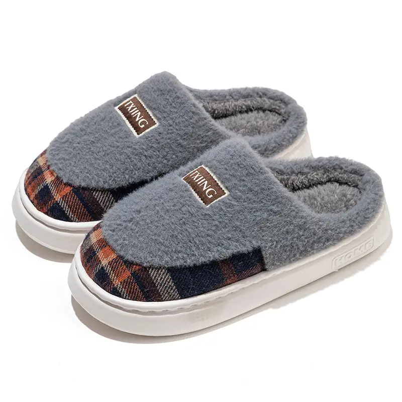 Warm Color-Blocked Maternity Slippers for Women, Autumn and Winter Indoor Living Room and Bedroom Warm Thick-Soled Fleece-Lined Couple Cotton Slippers for Men - Image 4