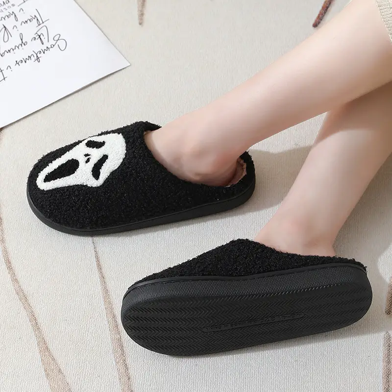 Halloween Pumpkin Skull Cotton Slippers Printed Men's and Women's Autumn and Winter Stuffed Lined Warm Covered Toe Home Indoor Ready Stock