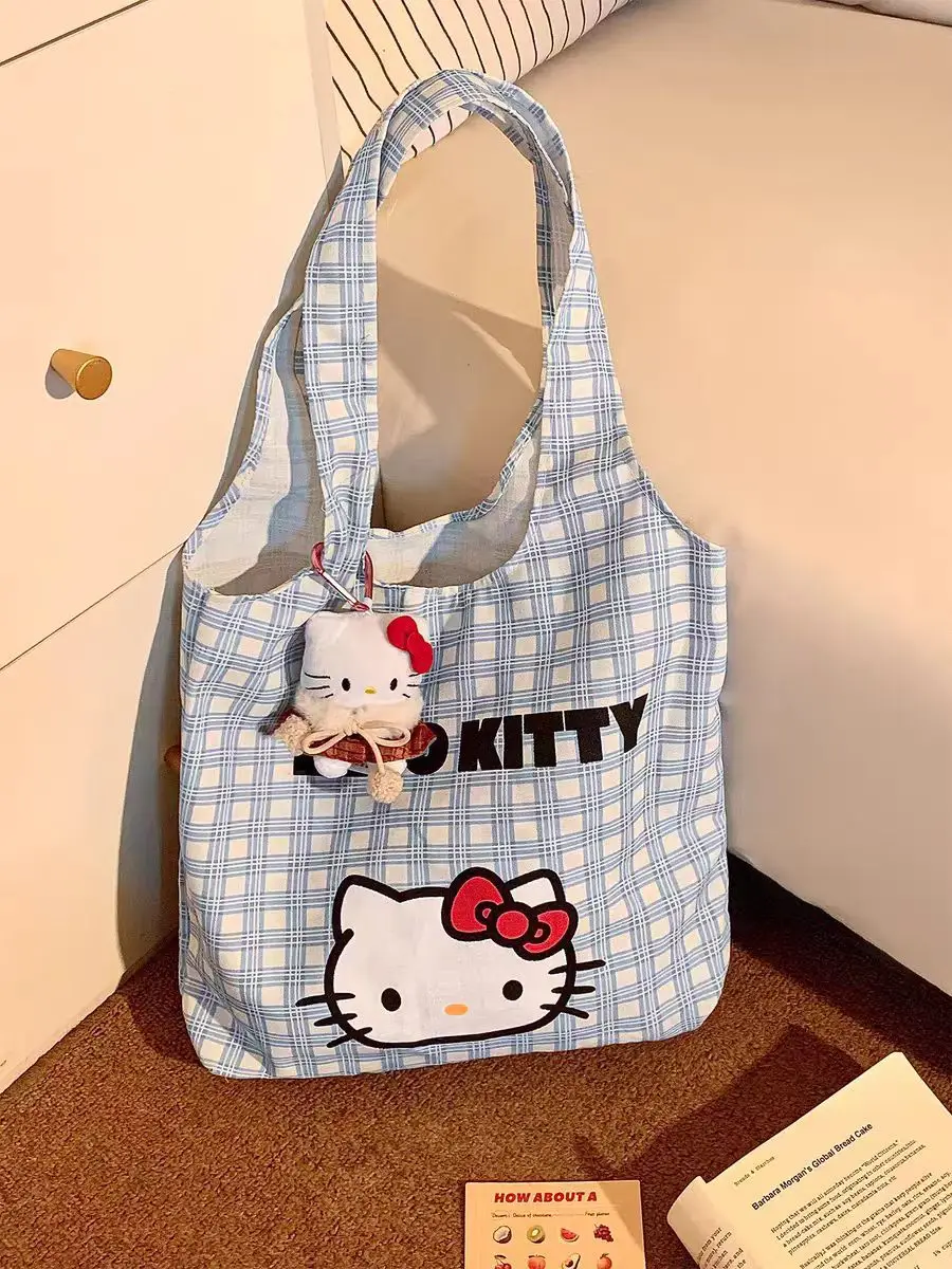 Hello Kitty Canvas Shoulder Bag Blue Checkered Large Capacity - Image 2