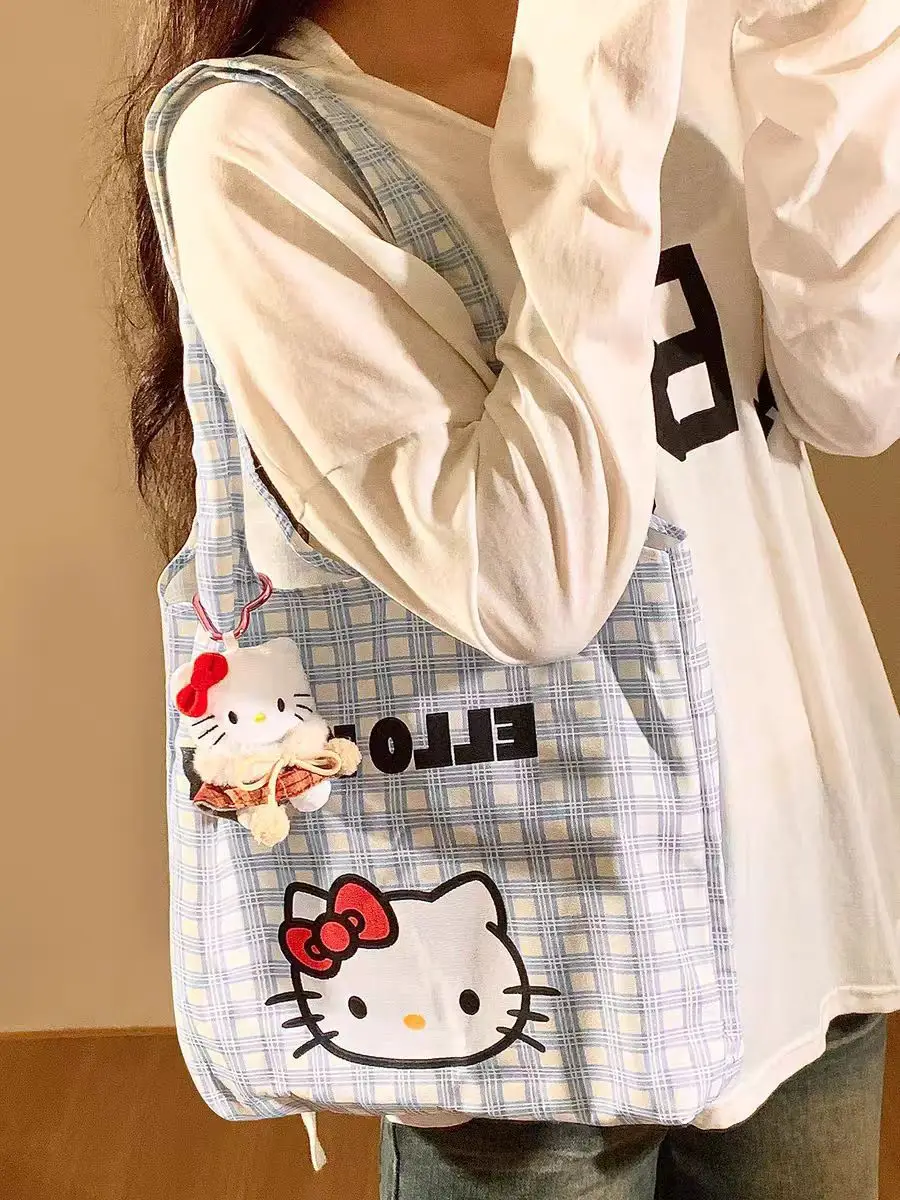 Hello Kitty Canvas Shoulder Bag Blue Checkered Large Capacity - Image 3