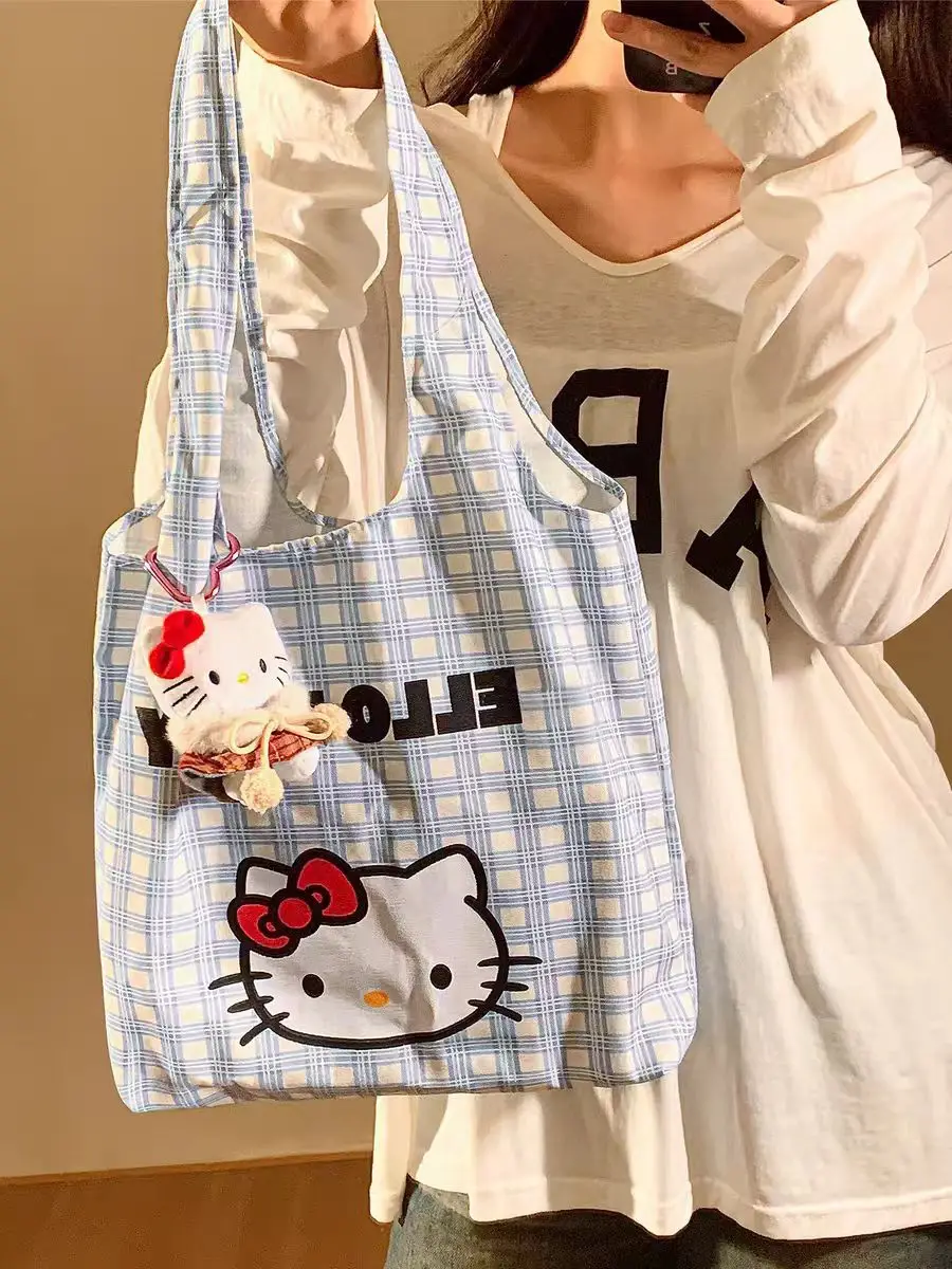Hello Kitty Canvas Shoulder Bag Blue Checkered Large Capacity - Image 4