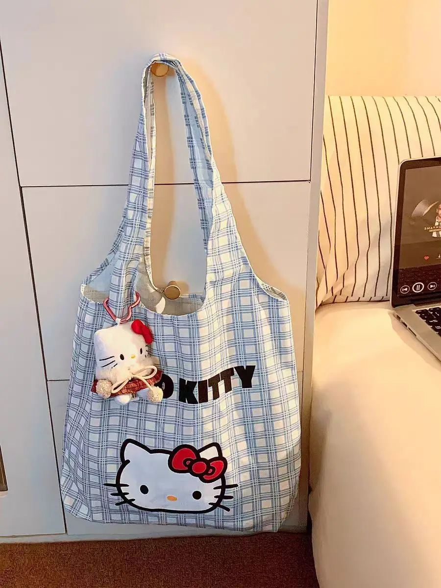 Hello Kitty Canvas Shoulder Bag Blue Checkered Large Capacity - Image 5