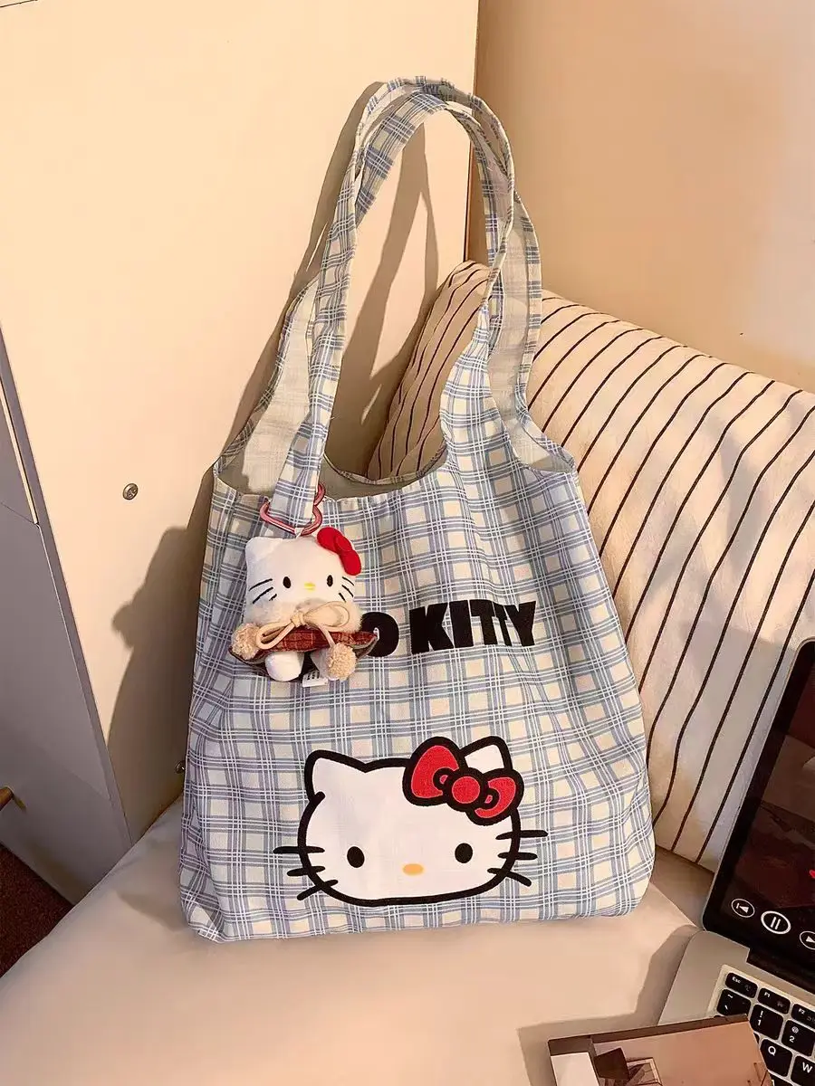 Hello Kitty Canvas Shoulder Bag Blue Checkered Large Capacity - Image 6