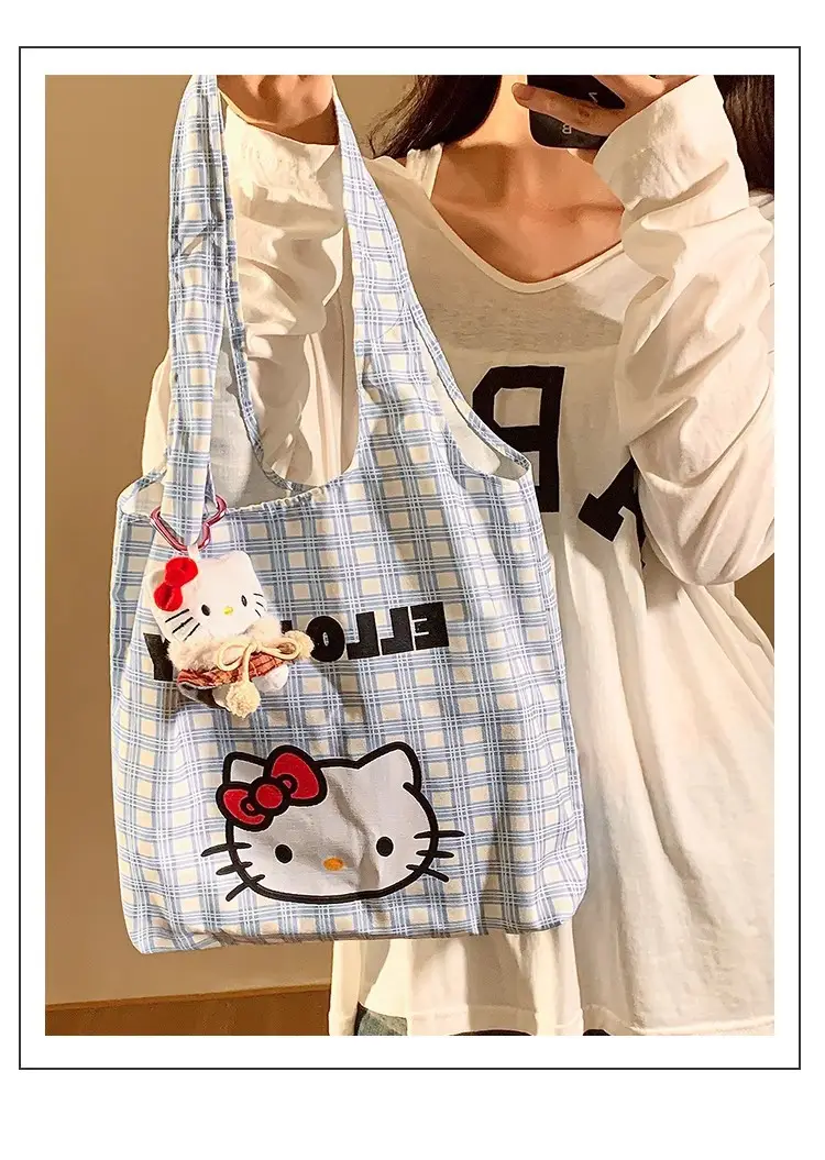 Hello Kitty Canvas Shoulder Bag Blue Checkered Large Capacity — feature 1