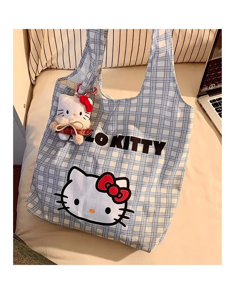 Hello Kitty Canvas Shoulder Bag Blue Checkered Large Capacity — feature 10