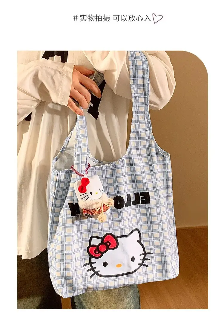 Hello Kitty Canvas Shoulder Bag Blue Checkered Large Capacity — feature 11