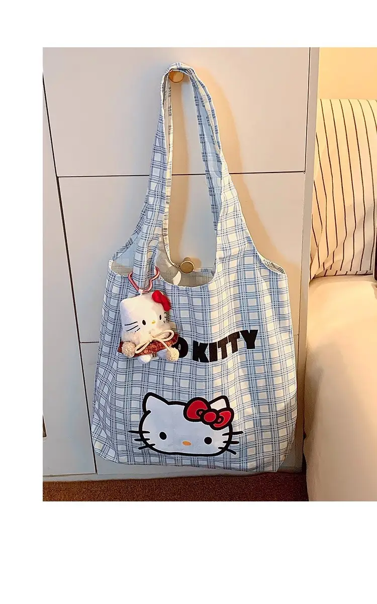 Hello Kitty Canvas Shoulder Bag Blue Checkered Large Capacity — feature 6