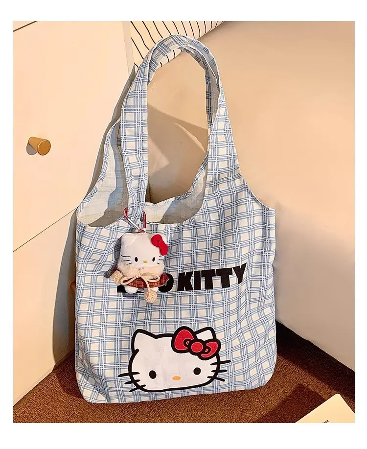 Hello Kitty Canvas Shoulder Bag Blue Checkered Large Capacity — feature 7