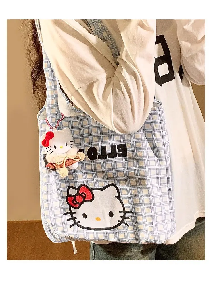 Hello Kitty Canvas Shoulder Bag Blue Checkered Large Capacity — feature 8