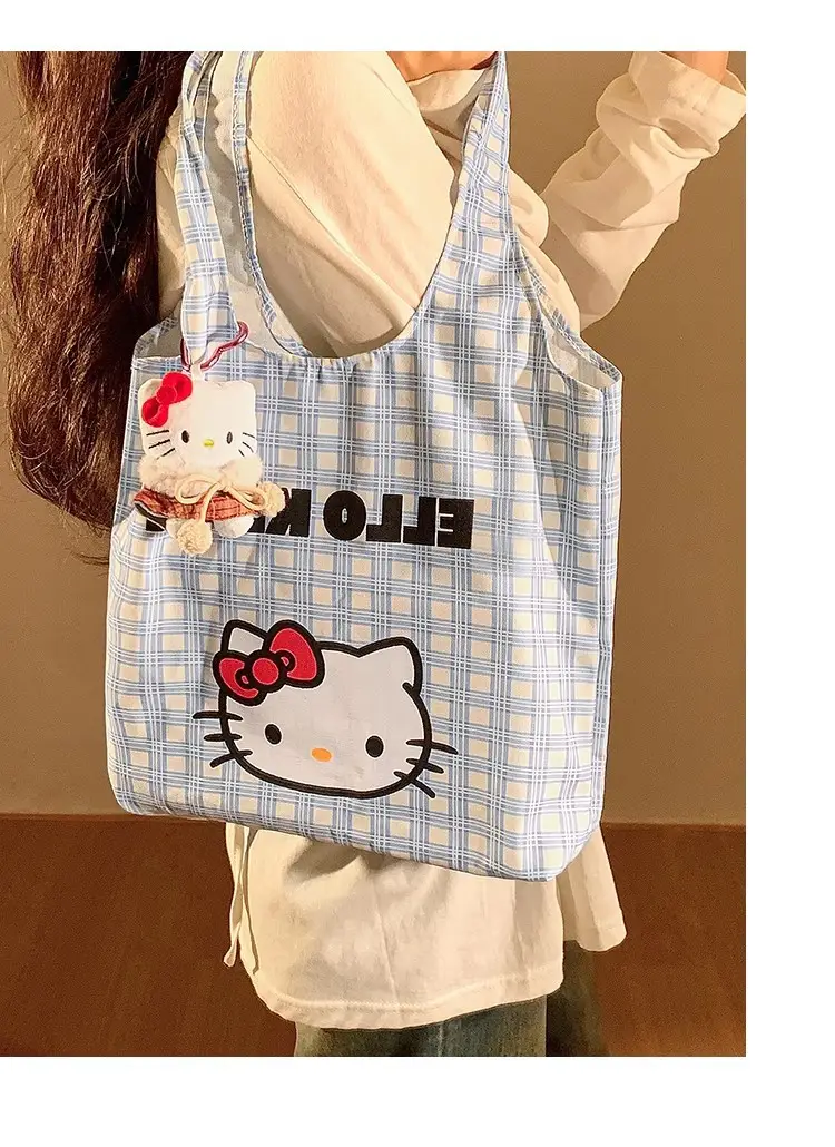 Hello Kitty Canvas Shoulder Bag Blue Checkered Large Capacity — feature 9