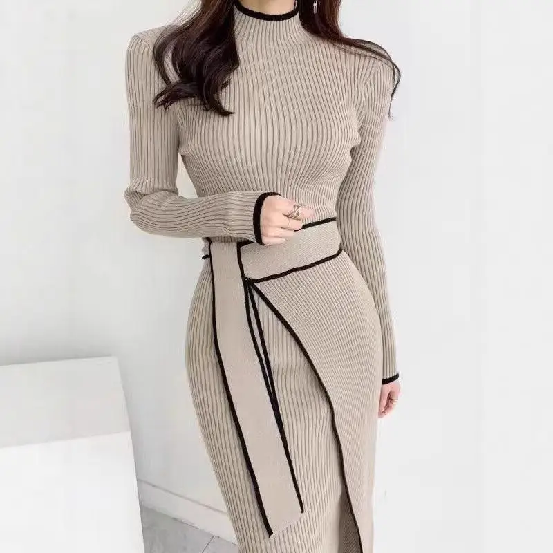 Korean Chic Autumn and Winter Retro Knitted Dress Export Women's Half Turtleneck Slim Elegant Color Matching Strap Skirt