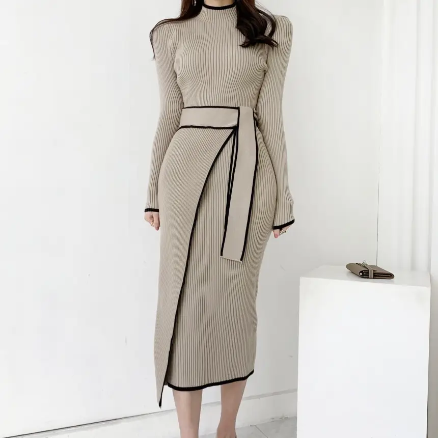Korean Chic Autumn and Winter Retro Knitted Dress Export Women's Half Turtleneck Slim Elegant Color Matching Strap Skirt