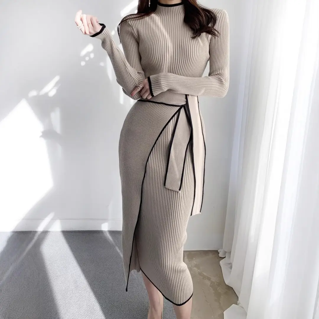 Korean Chic Autumn and Winter Retro Knitted Dress Export Women's Half Turtleneck Slim Elegant Color Matching Strap Skirt