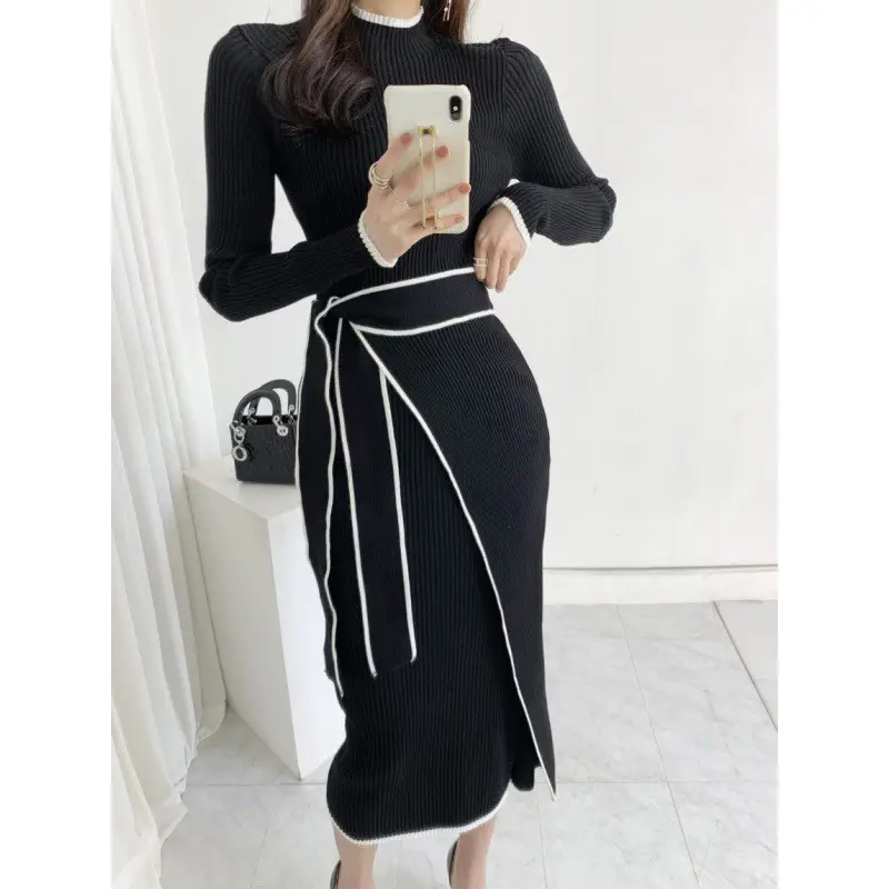 Korean Chic Autumn and Winter Retro Knitted Dress Export Women's Half Turtleneck Slim Elegant Color Matching Strap Skirt