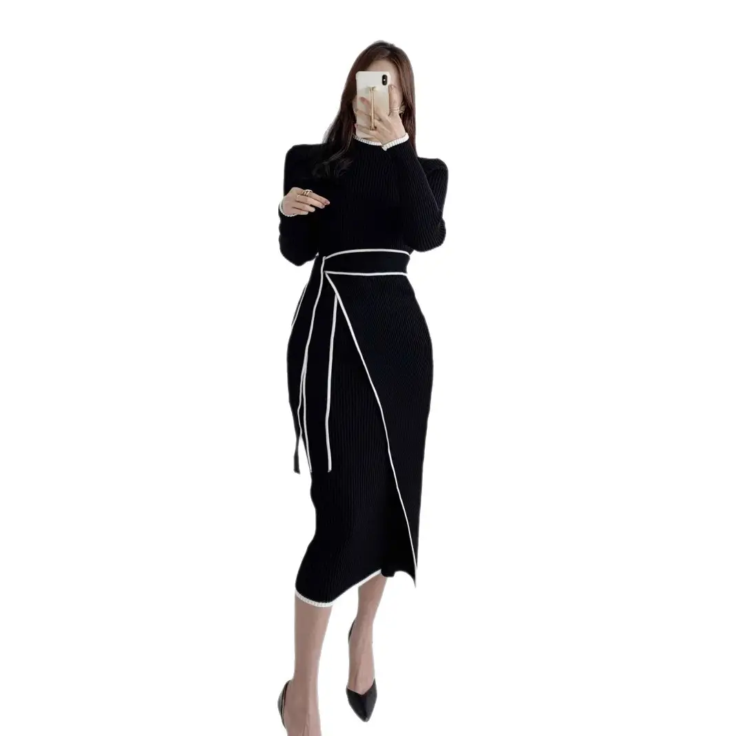 Korean Chic Autumn and Winter Retro Knitted Dress Export Women's Half Turtleneck Slim Elegant Color Matching Strap Skirt