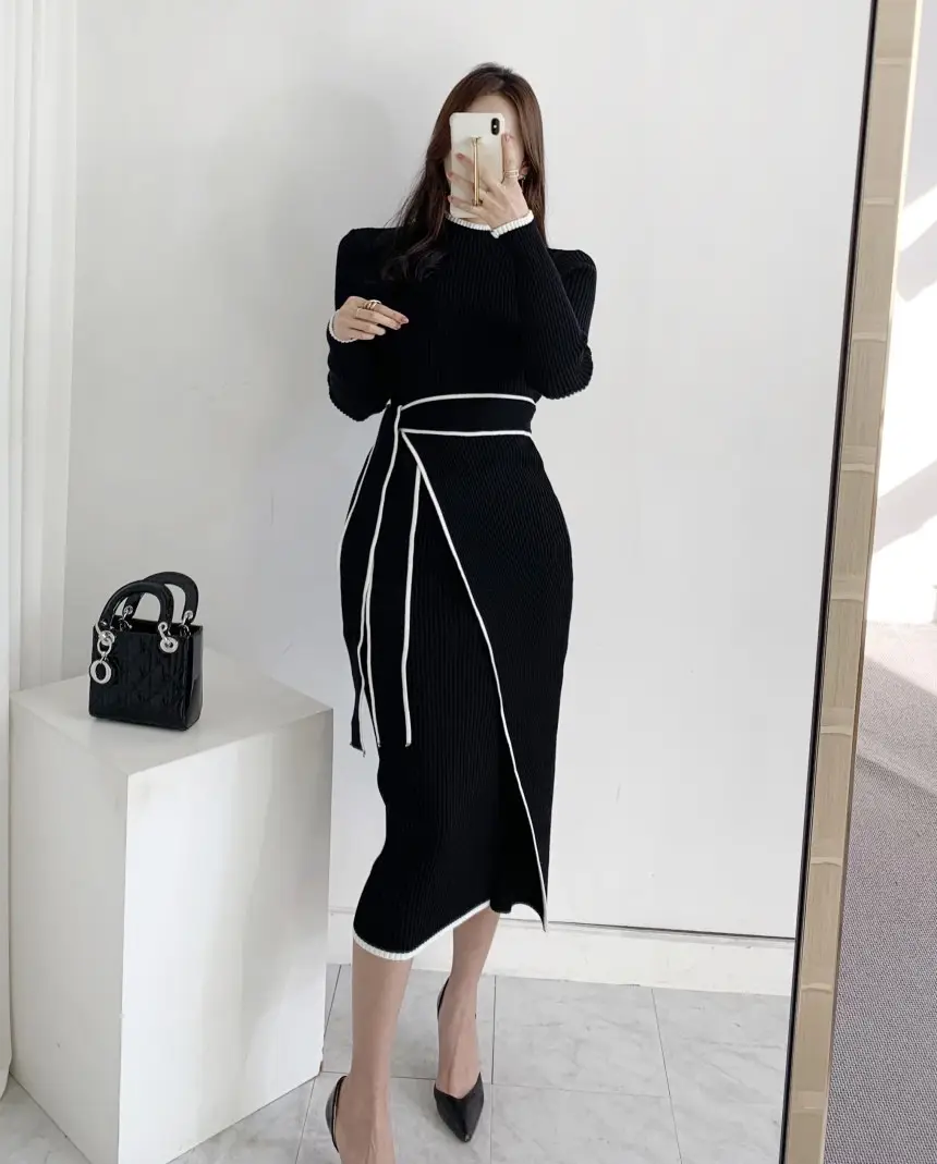 Korean Chic Autumn and Winter Retro Knitted Dress Export Women's Half Turtleneck Slim Elegant Color Matching Strap Skirt — feature 12