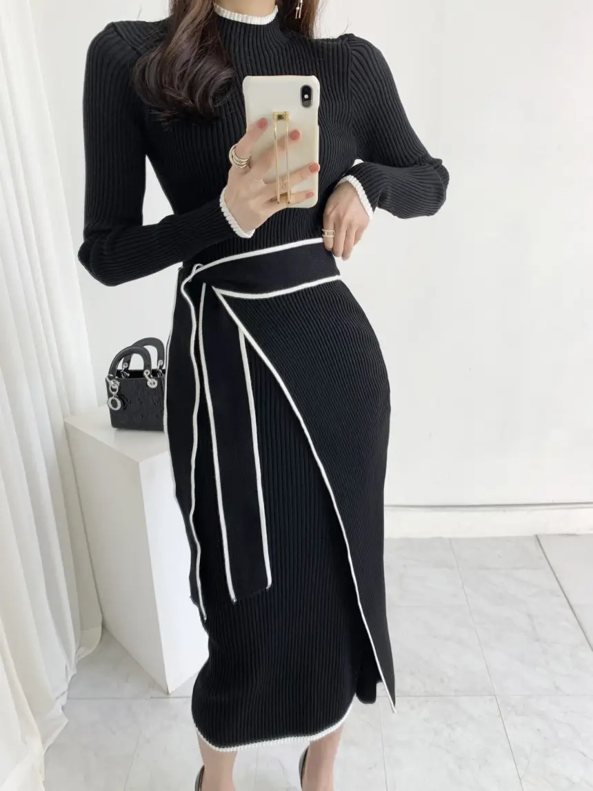 Korean Chic Autumn and Winter Retro Knitted Dress Export Women's Half Turtleneck Slim Elegant Color Matching Strap Skirt — feature 13
