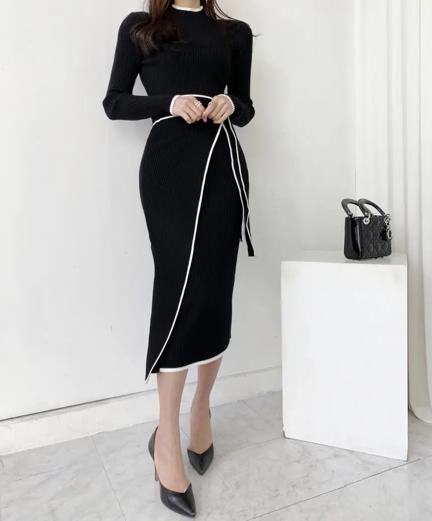 Korean Chic Autumn and Winter Retro Knitted Dress Export Women's Half Turtleneck Slim Elegant Color Matching Strap Skirt — feature 14