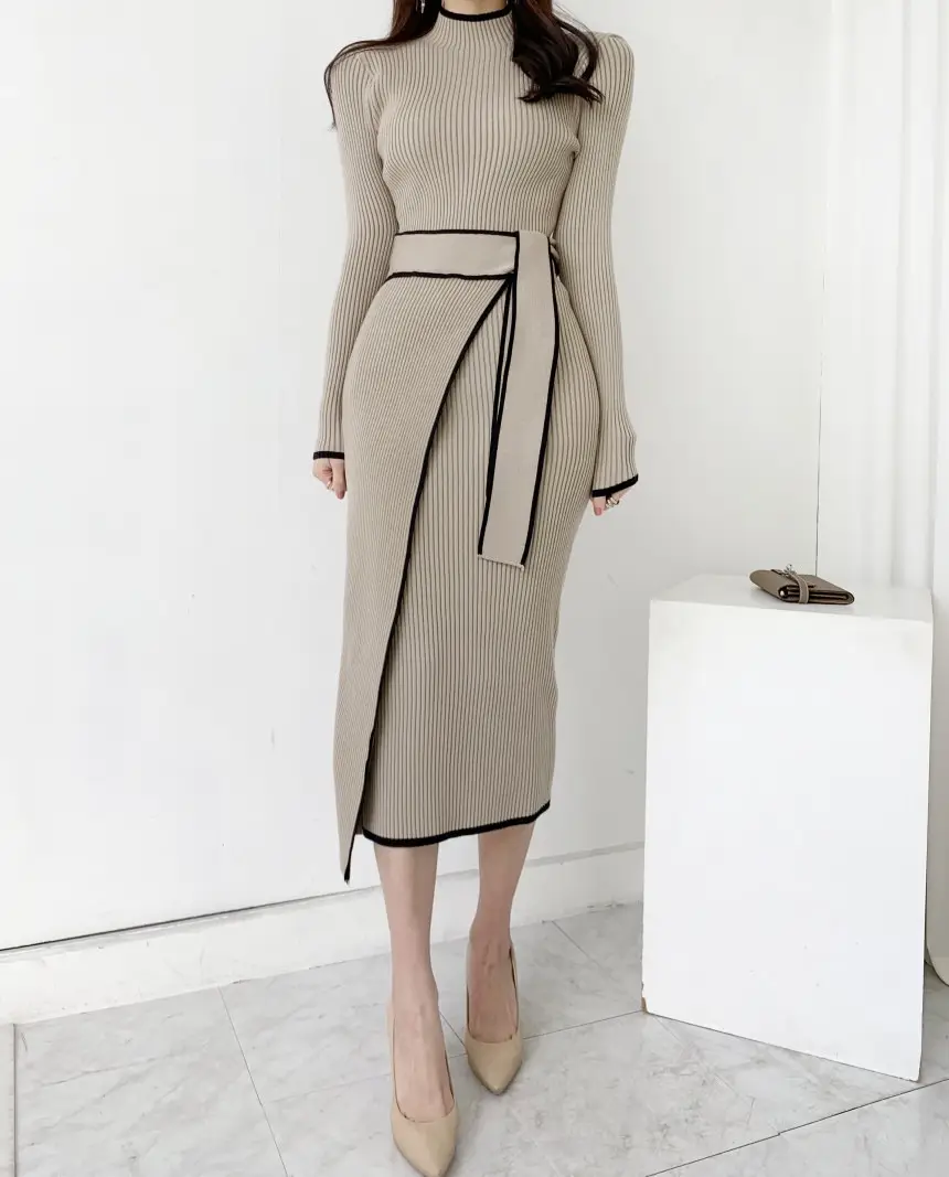 Korean Chic Autumn and Winter Retro Knitted Dress Export Women's Half Turtleneck Slim Elegant Color Matching Strap Skirt — feature 7