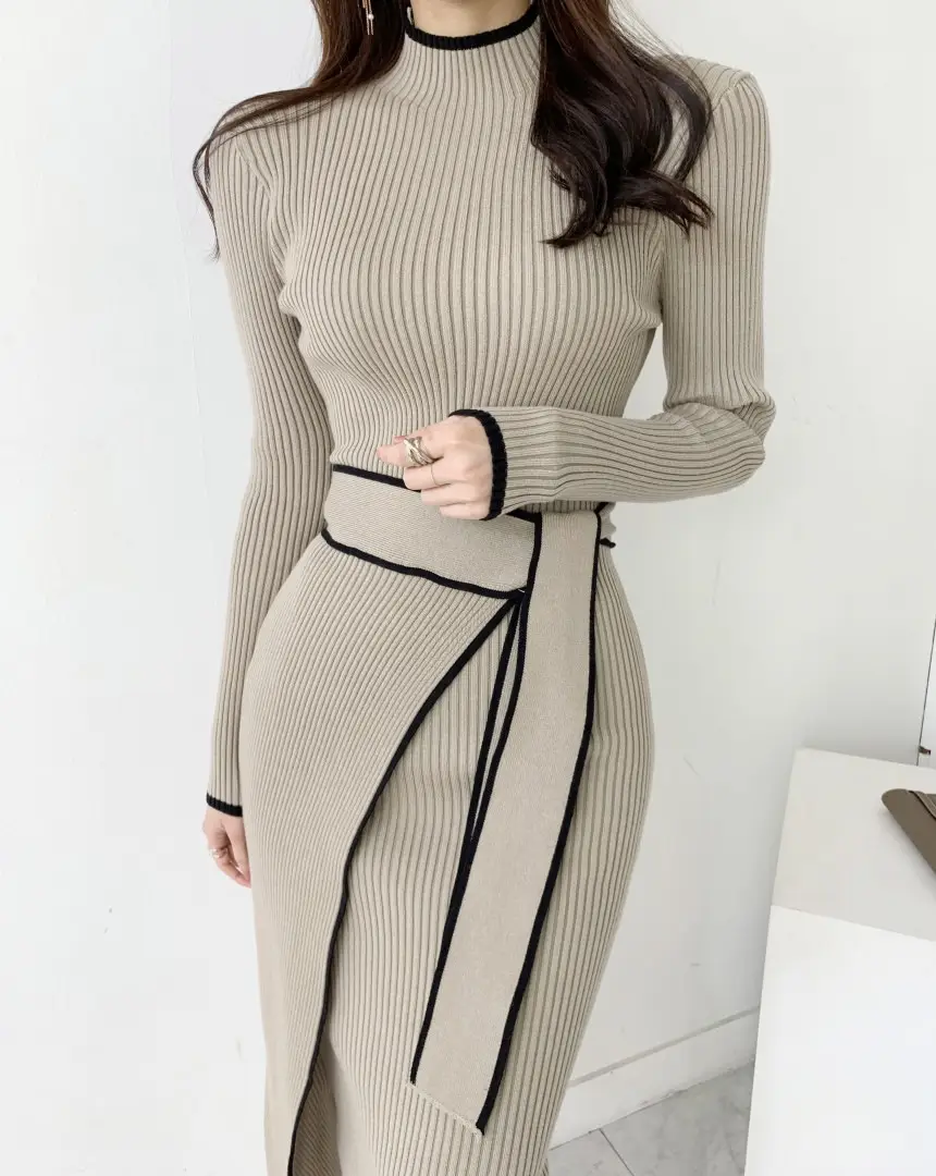 Korean Chic Autumn and Winter Retro Knitted Dress Export Women's Half Turtleneck Slim Elegant Color Matching Strap Skirt — feature 8